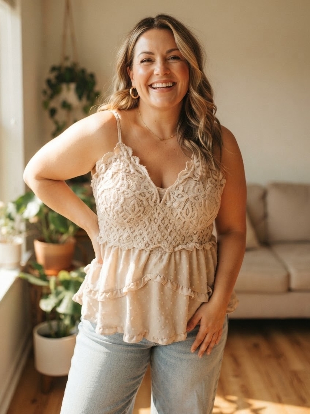 Rue+ Lace Peplum Cami Top Boho Babydoll Tank Taupe - Size 4X